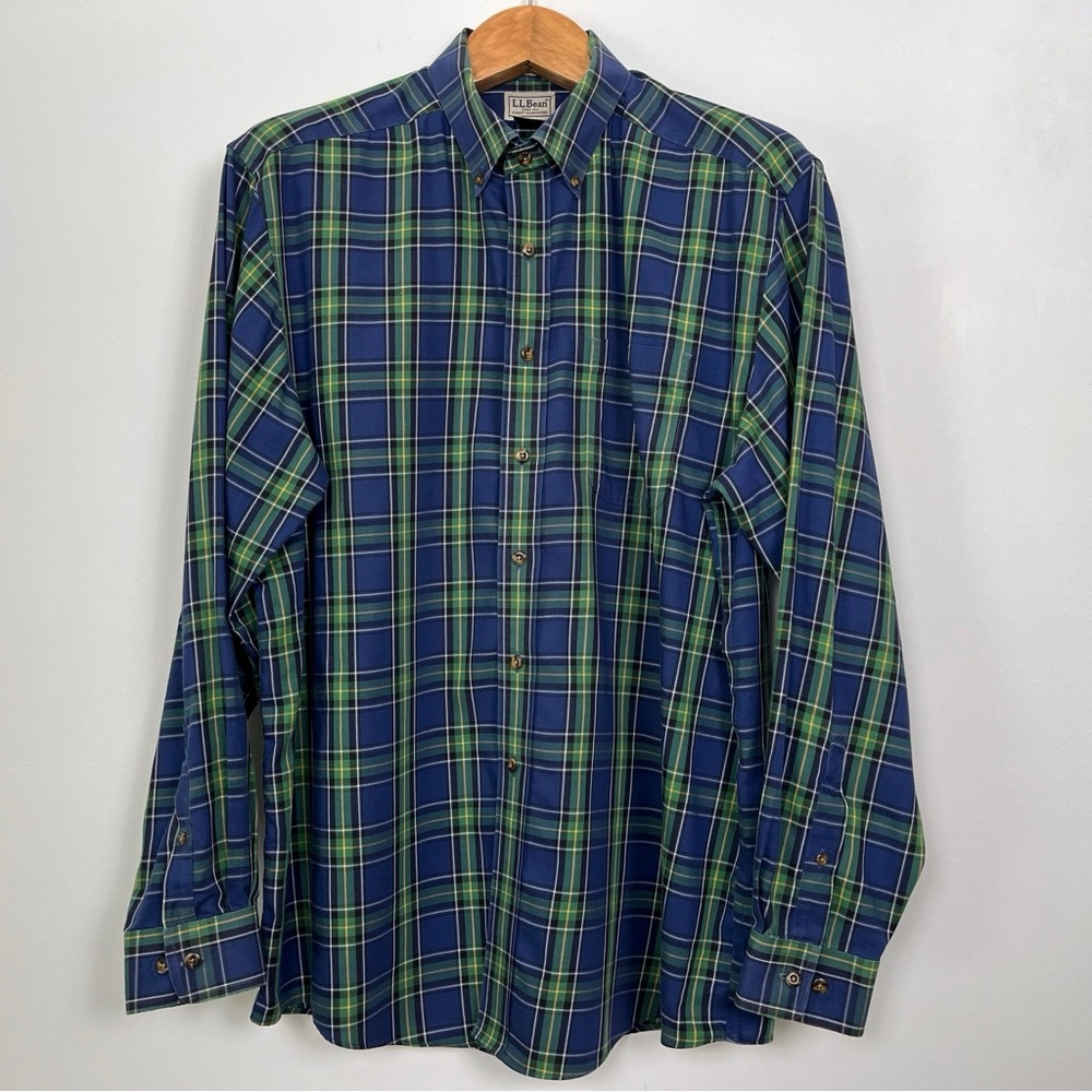 Vintage L. L. Bean Classic Blue Green Plaid Shirt Cotton Merino Wool Size Large